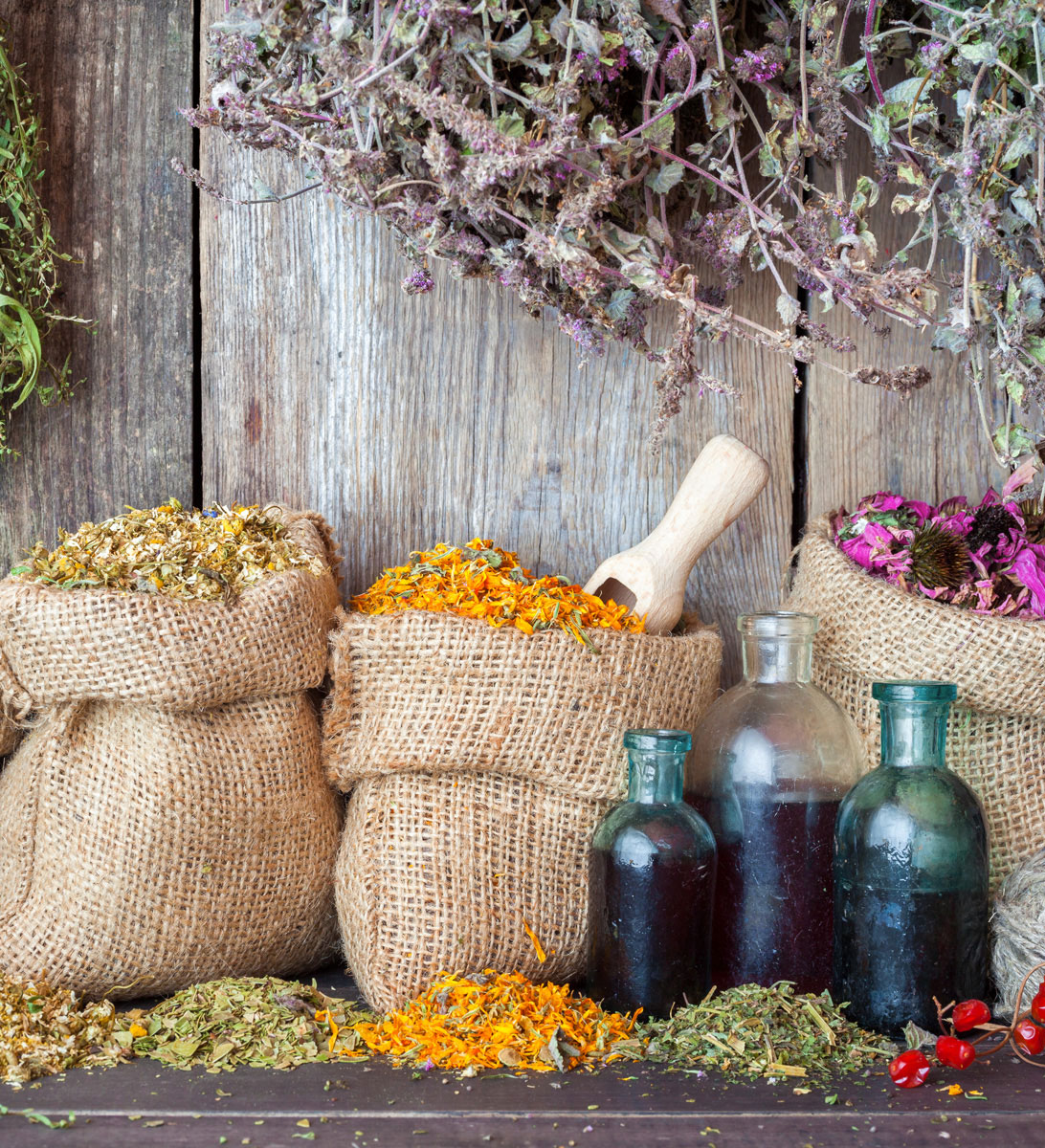 herbs for depression in sacks and bottles