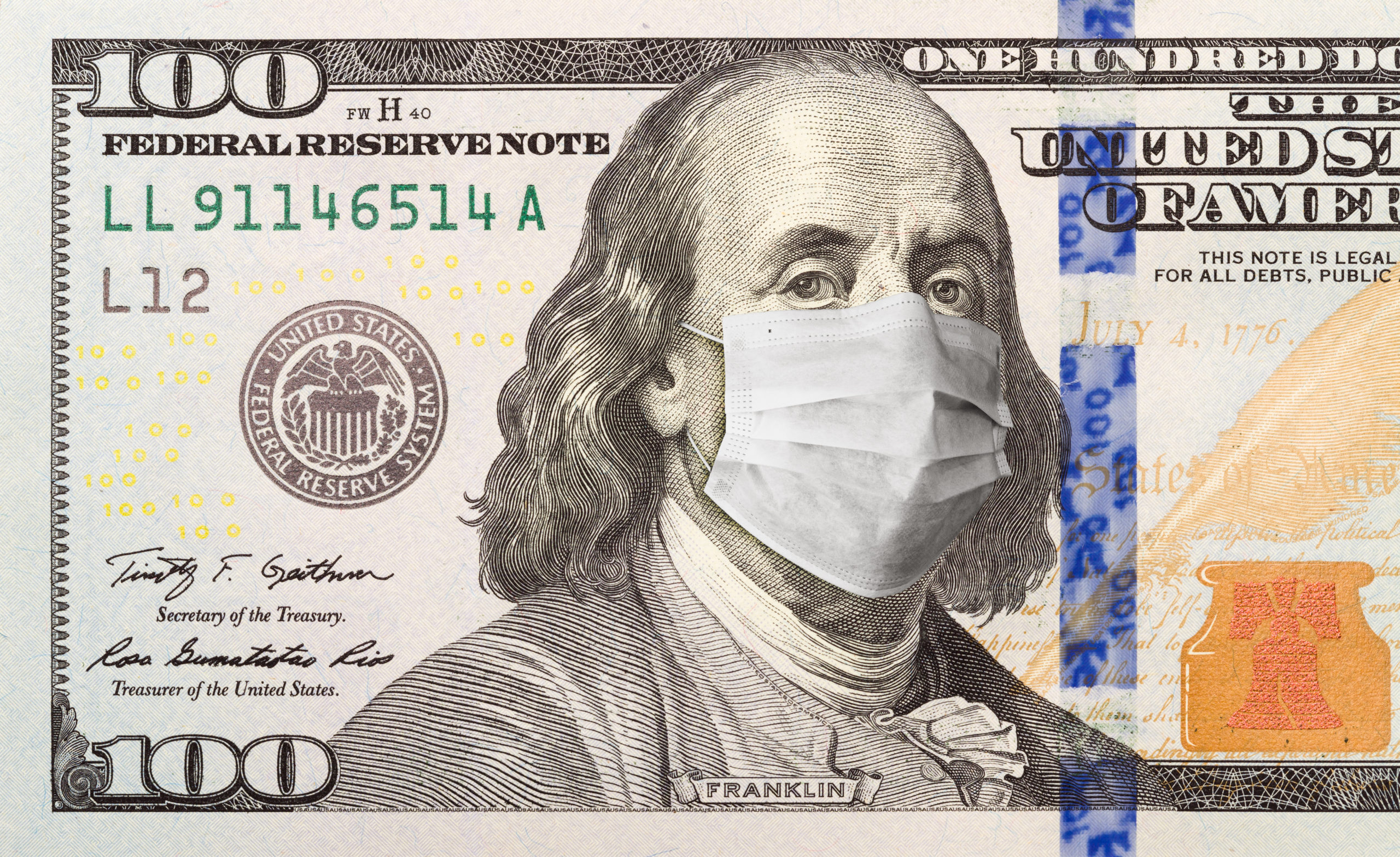 One Hundred Dollar Bill With Medical Face Mask on George Washington. Hundred Dollar Bill With a facemask
